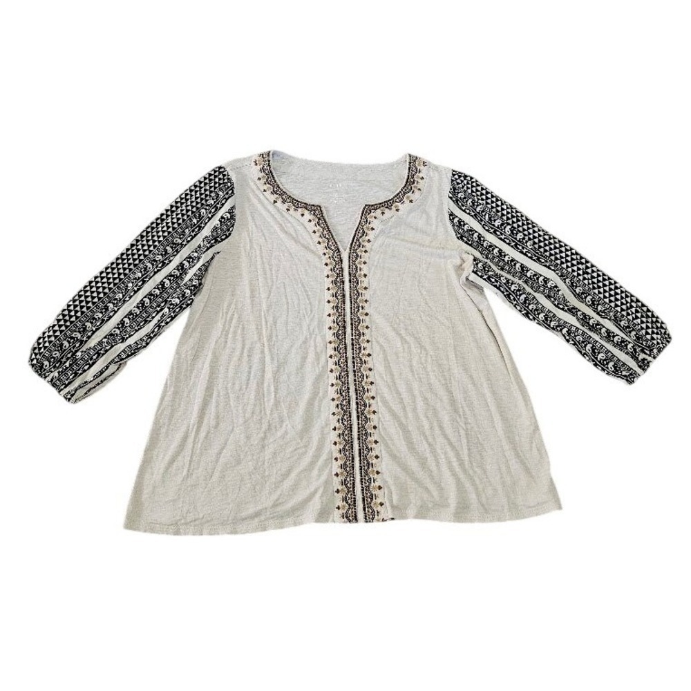 J. Jill Pure Jill Elements Embroidered Mixed Media Top Gray Cream Boho Large